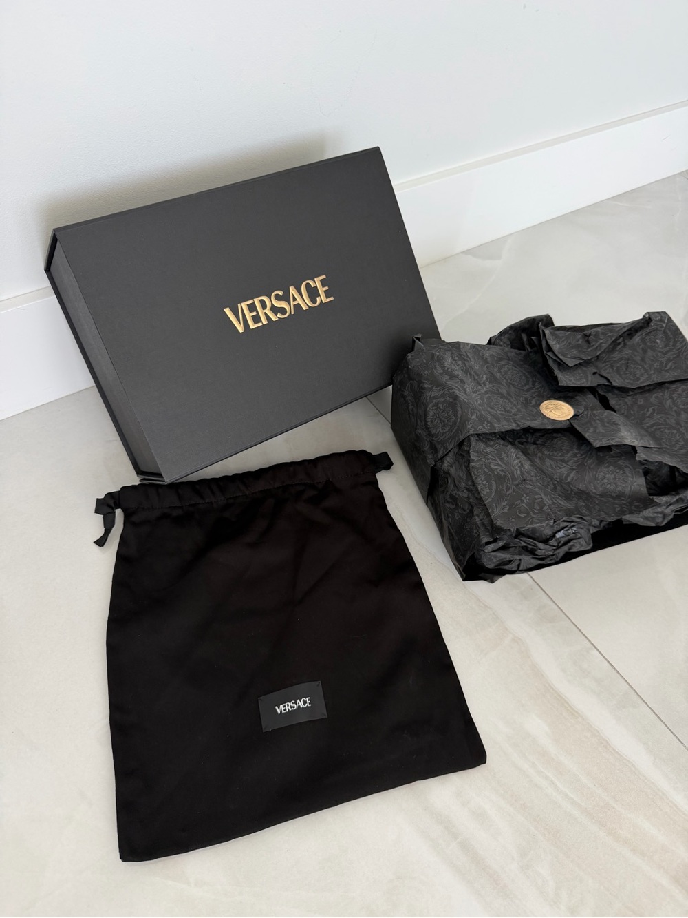 Versace Gift Box Black & Gold, Drawstring Logo Pouch Logo Tissue Paper & Sticker